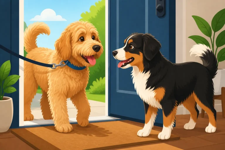 A Labradoodle Meeting the Resident Dog
