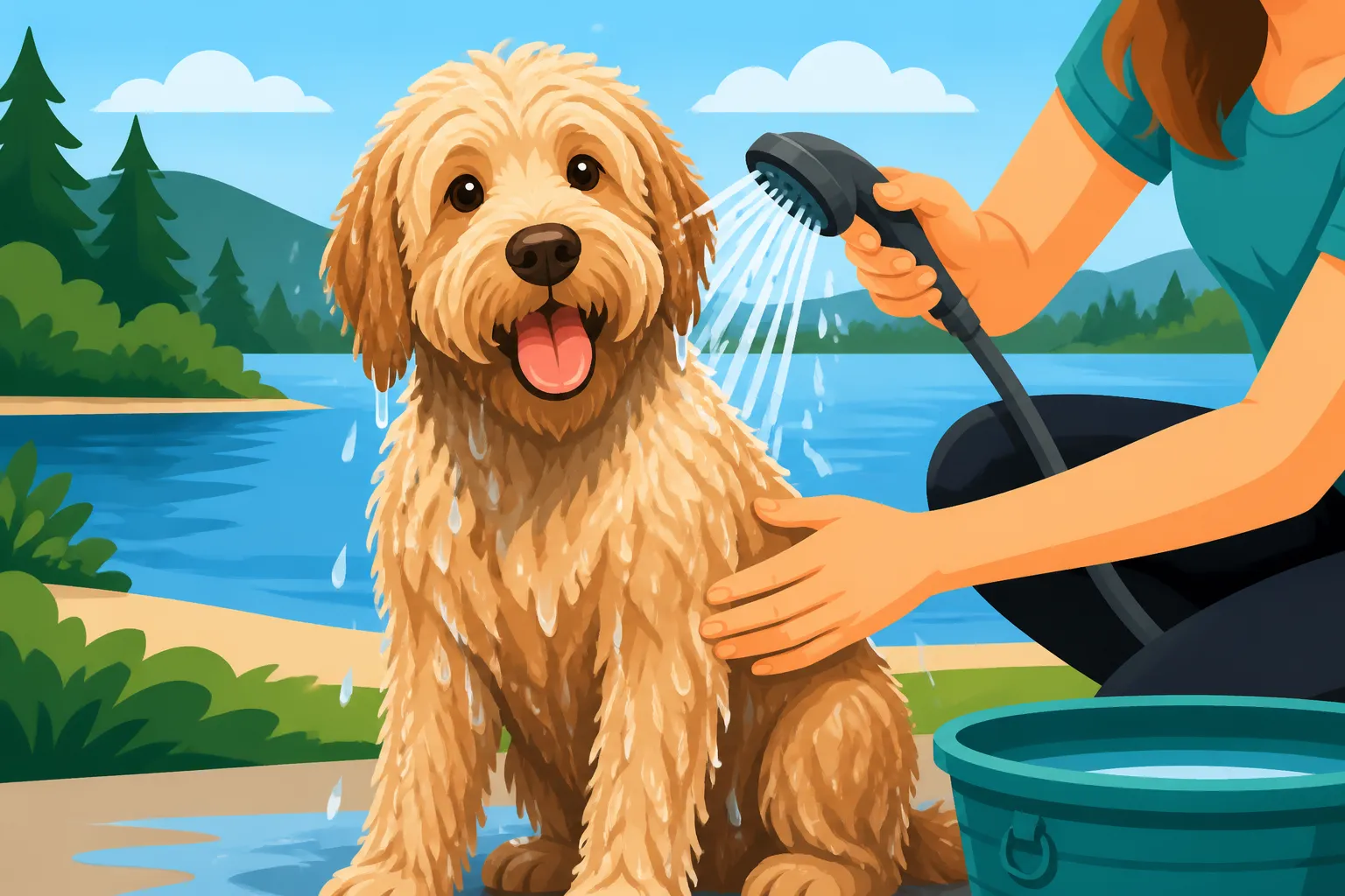 Rinsing a Labradoodle After the Lake