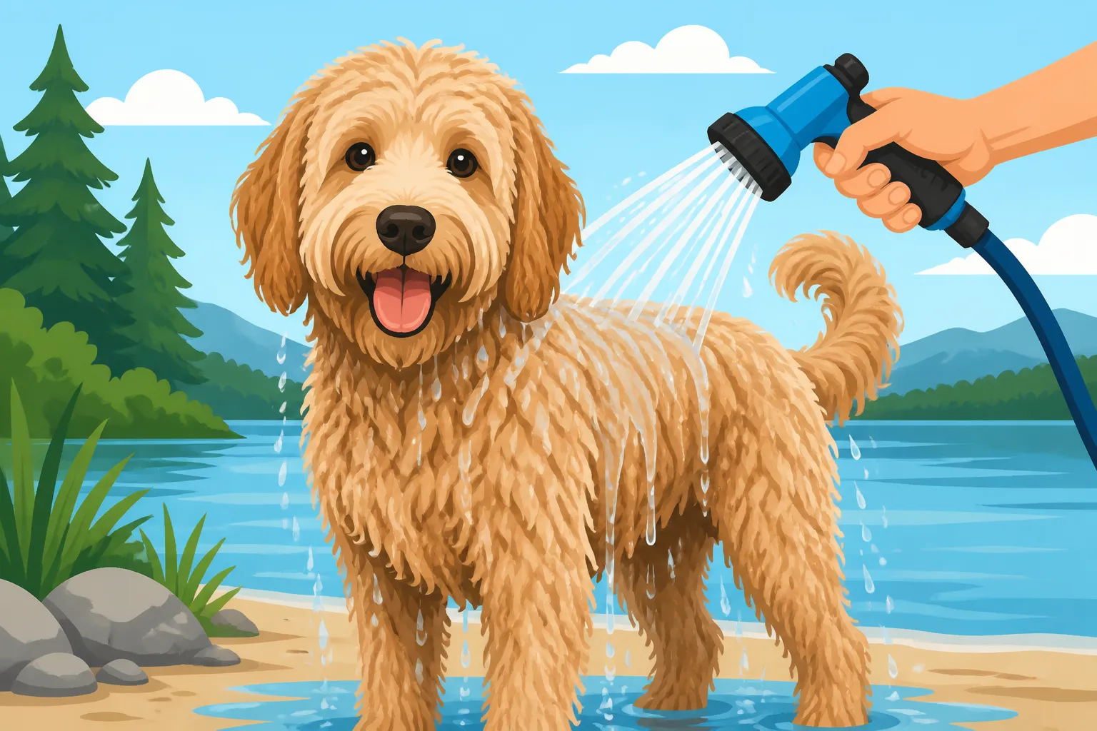 Rinsing Lake Water Out of a Labradoodle's Coat